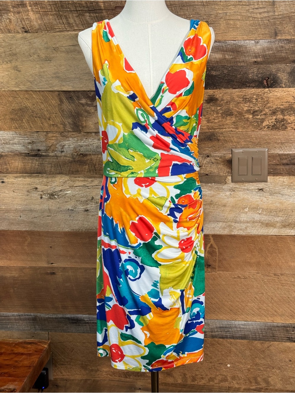 NWT Lauren Ralph Lauren Multicolor Abstract Floral Faux Wrap Sheath Dress Sz 10